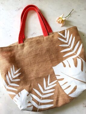 Vichy Medium Jute Tote Bag with Tropical Leaf Print and Orange Handles